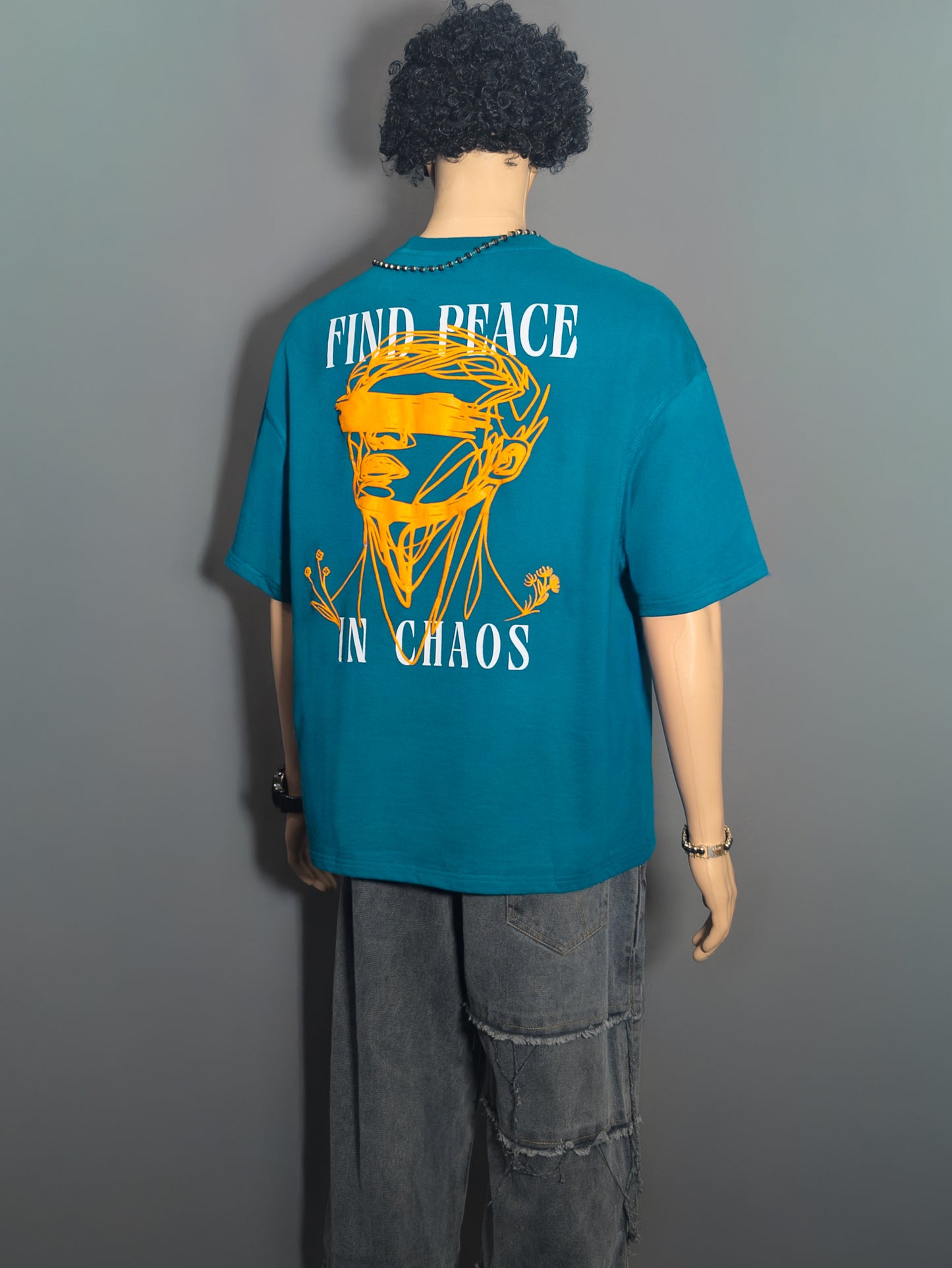 FIND PEACE IN CHAOS PUFF PRINTED UNISEX OVERSIZED DROP SHOULDER T-SHIRT