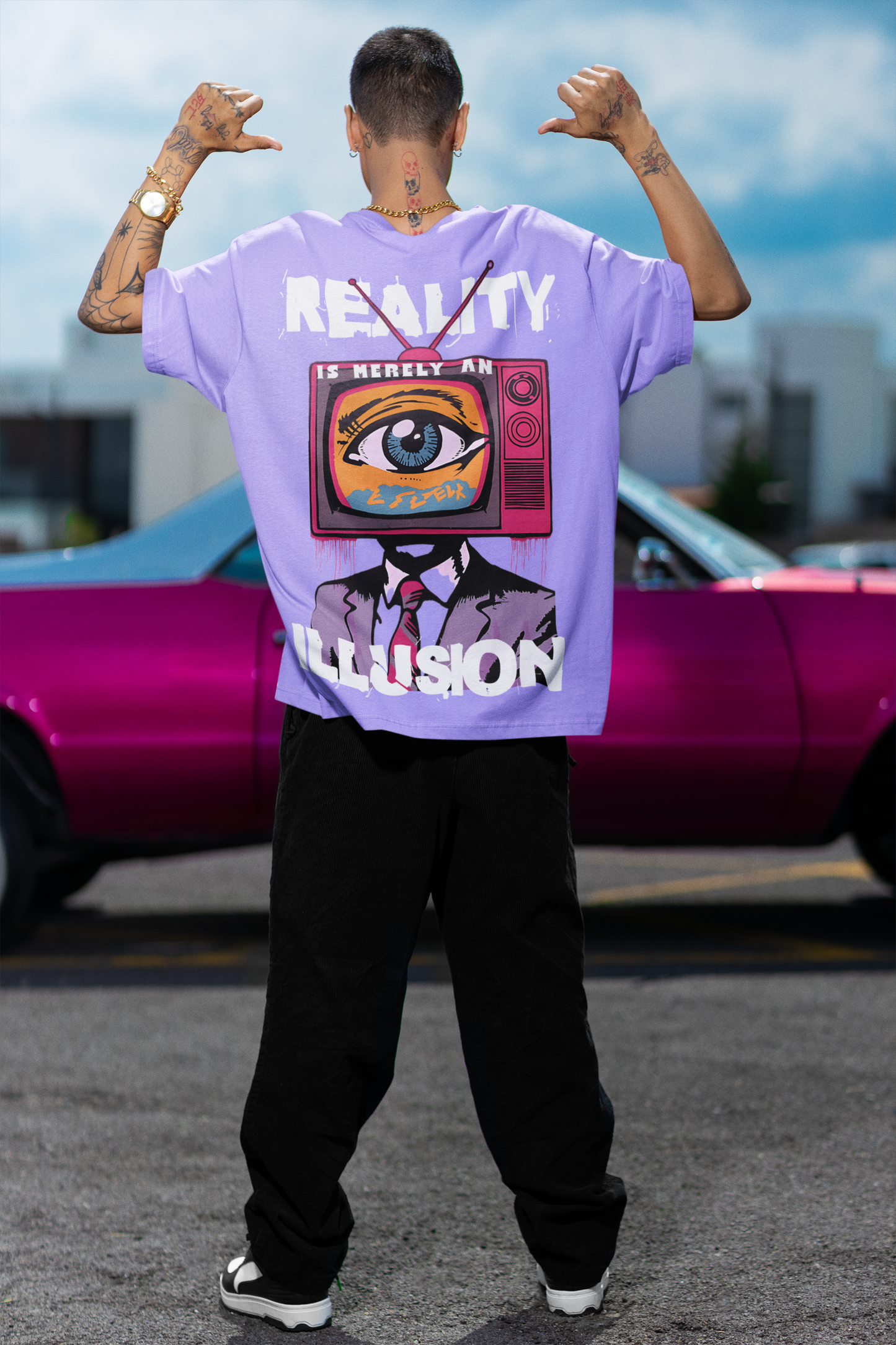 TV MAN REALITY IS AN ILLUSION LAVENDER OVERSIZED T-SHIRT