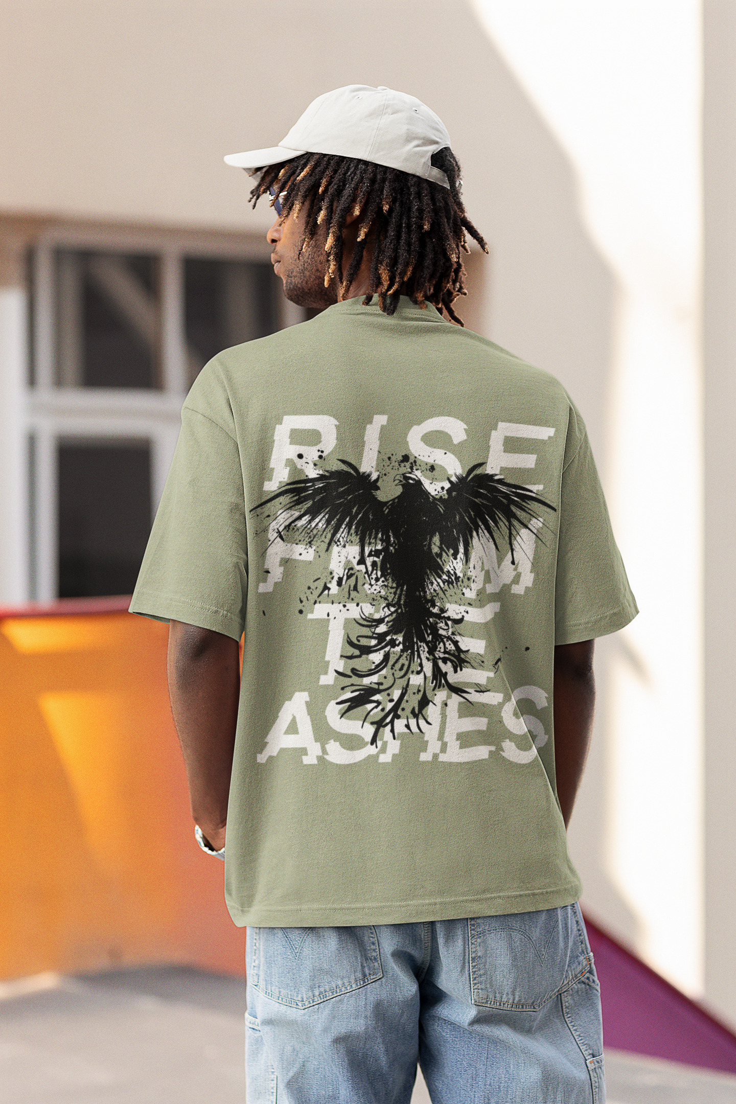 INVINCIBLE PHOENIX RISE FROM ASHES OLIVE GREY OVERSIZED T-SHIRT