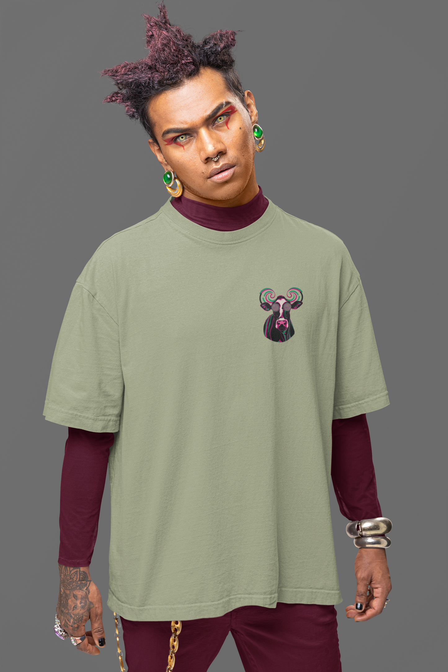 TRIPPIN COW OLIVE GREY OVERSIZED T-SHIRT