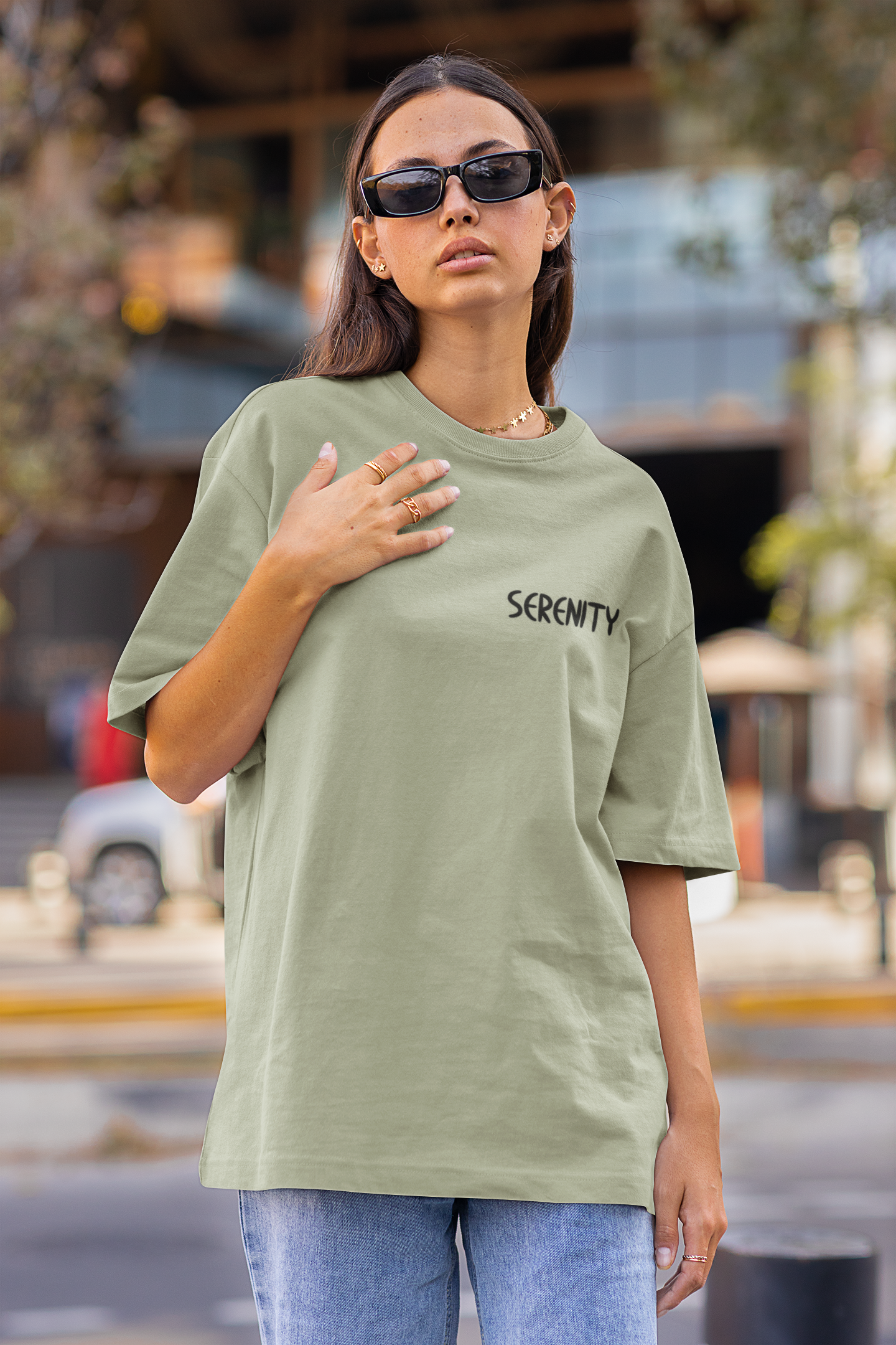 SERENITY SLEEPING FOX OLIVE GREY OVERSIZED T-SHIRT